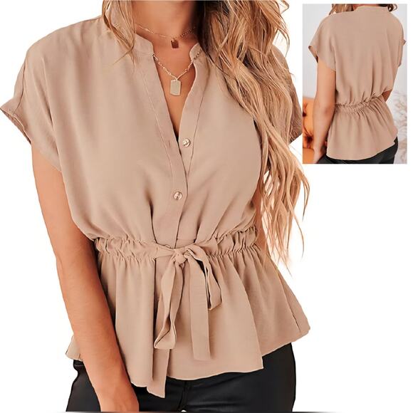 CICIBIRD Beige Peplum Button-Up Chiffon Sleeveless Tie Waist Blouse Top Sz XL - Picture 1 of 9